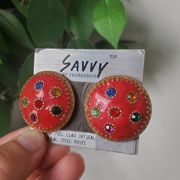 Vintage Savvy By Swarovski Full Lead Crystal Surgical Steel Earrings Round - Picture 2 of 8